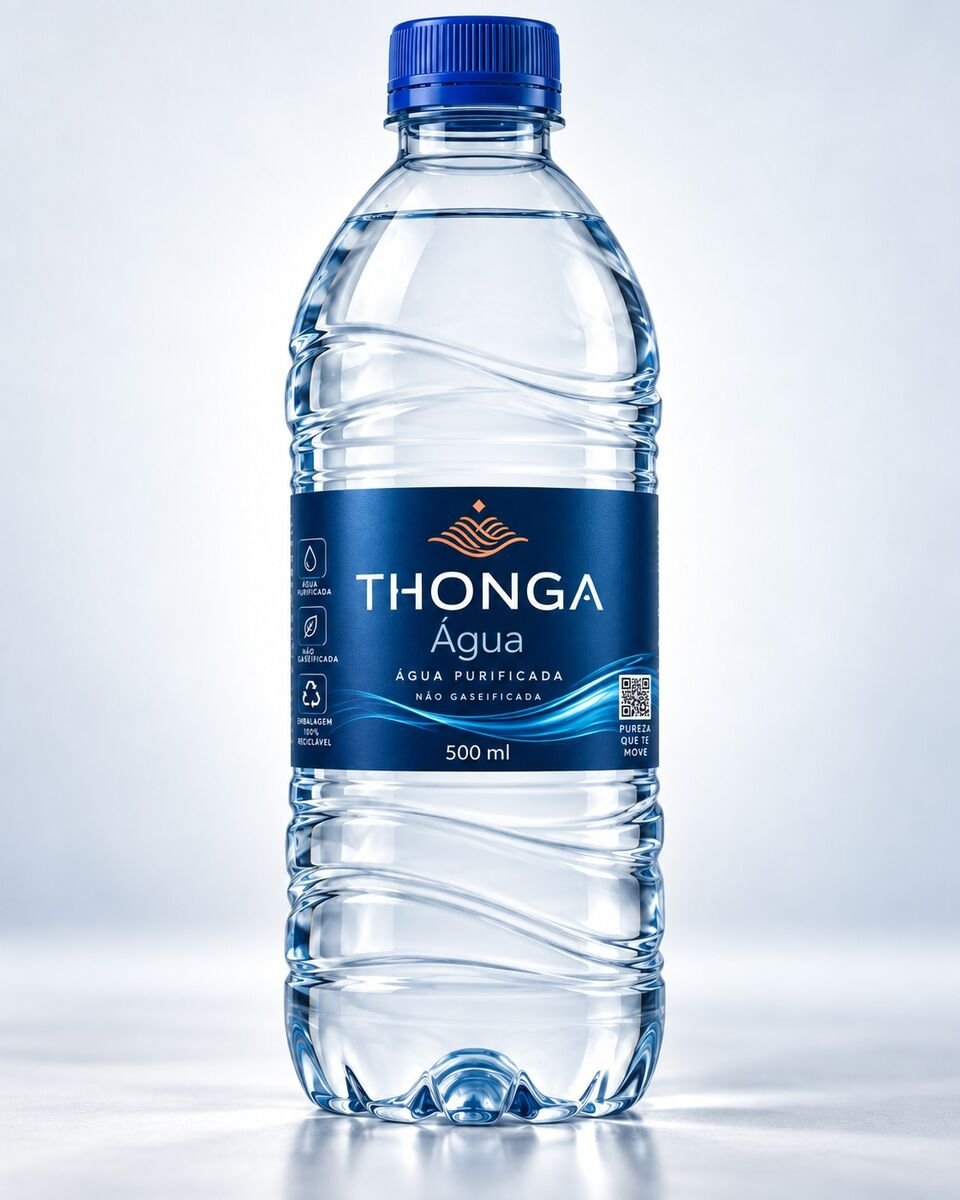 Garrafa de 500 ml de THONGA Água purificada, com tampa azul e rótulo navy